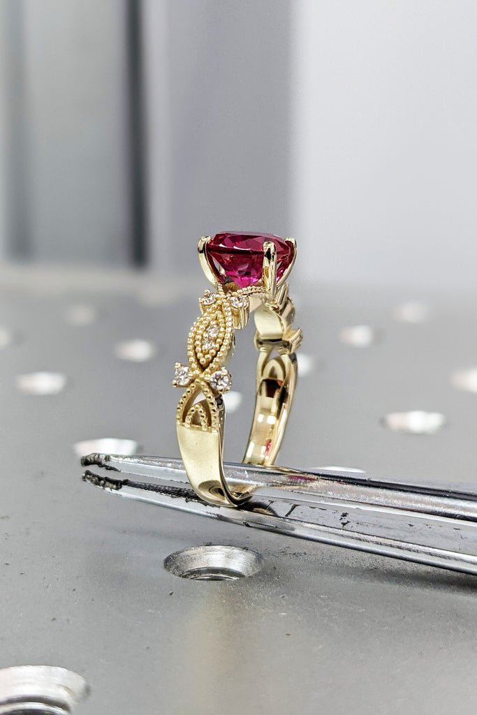 14k yellow gold Everly marquise shaped ruby and diamond ring (1/9 ct. tw.), marquise shaped , antique style , filigree, squared ,milgrain