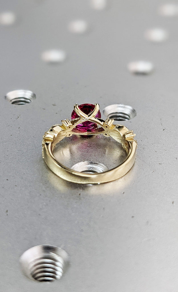 14k yellow gold Everly marquise shaped ruby and diamond ring (1/9 ct. tw.), marquise shaped , antique style , filigree, squared ,milgrain