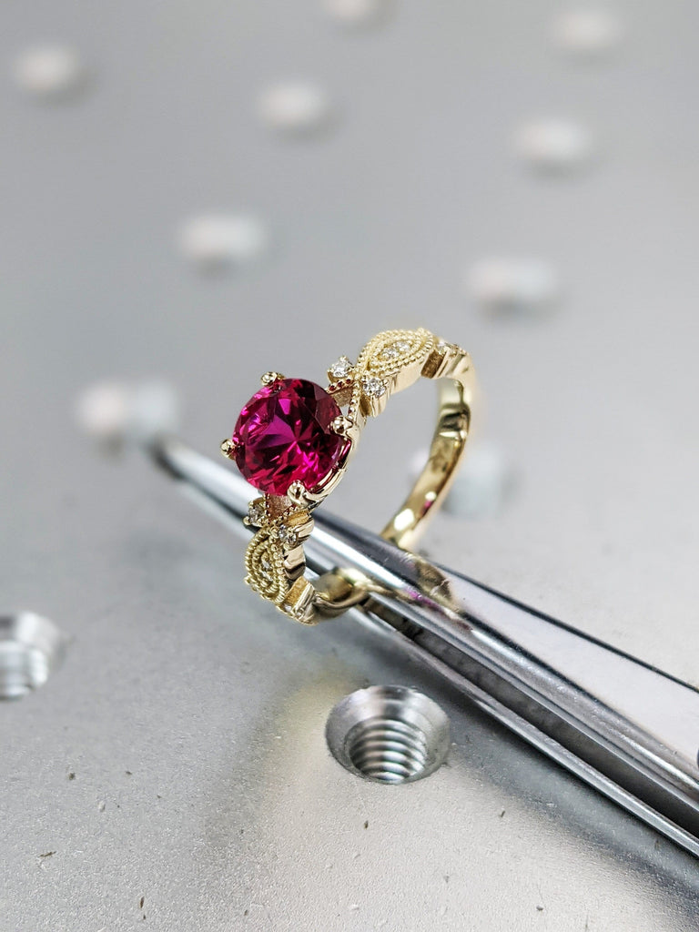 14k yellow gold Everly marquise shaped ruby and diamond ring (1/9 ct. tw.), marquise shaped , antique style , filigree, squared ,milgrain