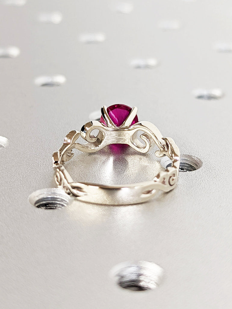 Vintage Ruby engagement ring leaf flower ring alternative ring solid white gold ring art deco promise ring prong set unique anniversary ring