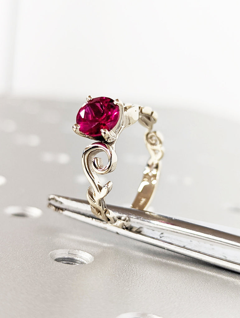 Vintage Ruby engagement ring leaf flower ring alternative ring solid white gold ring art deco promise ring prong set unique anniversary ring