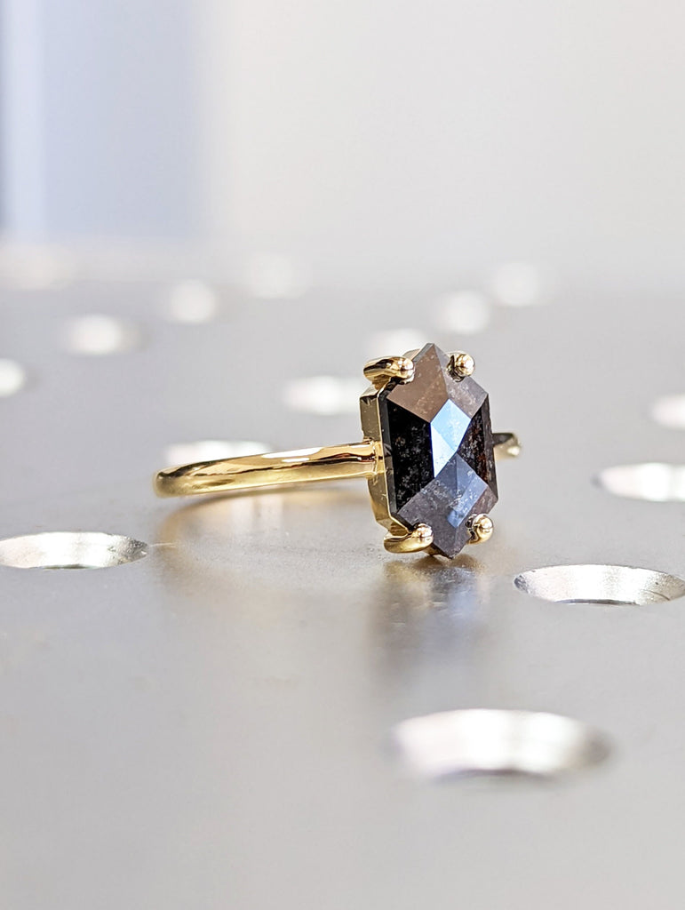 Raw Diamond, Salt and Pepper, Hexagon, Unique Engagement Ring, Rose Cut Geometric Diamond Ring, 18k Yellow Gold, Custom Handmade, Solitaire