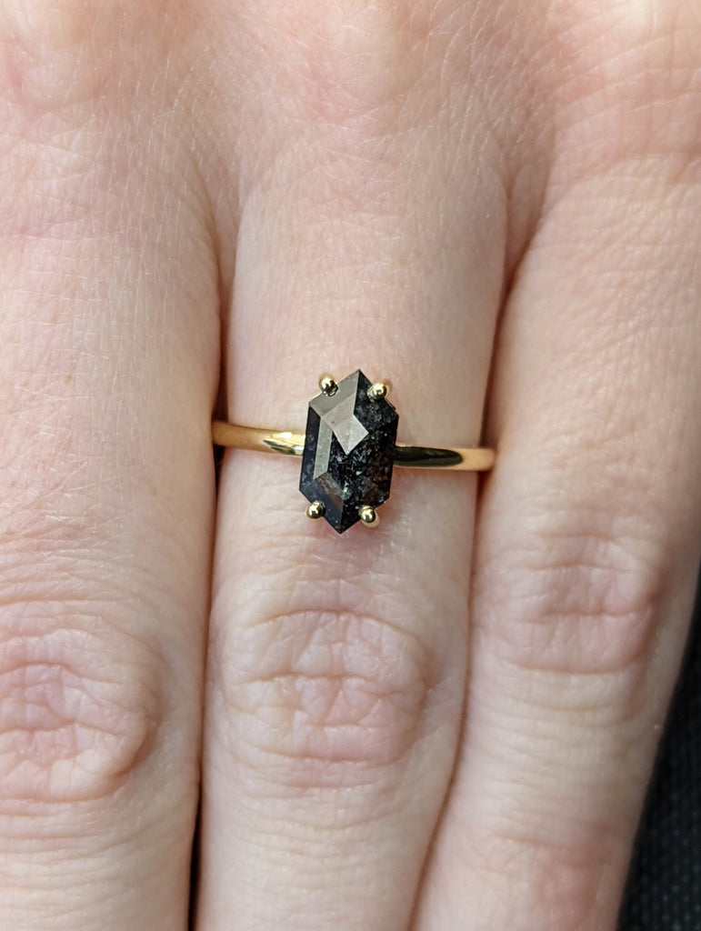 Raw Diamond, Salt and Pepper, Hexagon, Unique Engagement Ring, Rose Cut Geometric Diamond Ring, 18k Yellow Gold, Custom Handmade, Solitaire