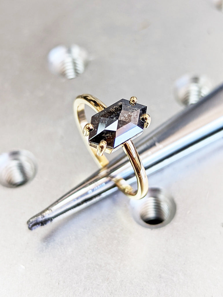 Raw Diamond, Salt and Pepper, Hexagon, Unique Engagement Ring, Rose Cut Geometric Diamond Ring, 18k Yellow Gold, Custom Handmade, Solitaire