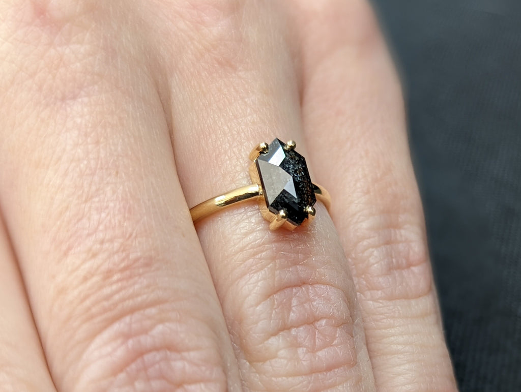 Raw Diamond, Salt and Pepper, Hexagon, Unique Engagement Ring, Rose Cut Geometric Diamond Ring, 18k Yellow Gold, Custom Handmade, Solitaire