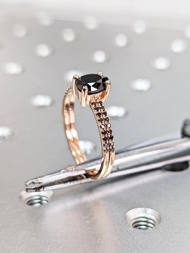 1920's Raw Salt and Pepper Diamond, Pear Diamond Ring, Unique Engagement Bridal Set, Black, Gray Pear, 14k Yellow, Rose, Black or White Gold