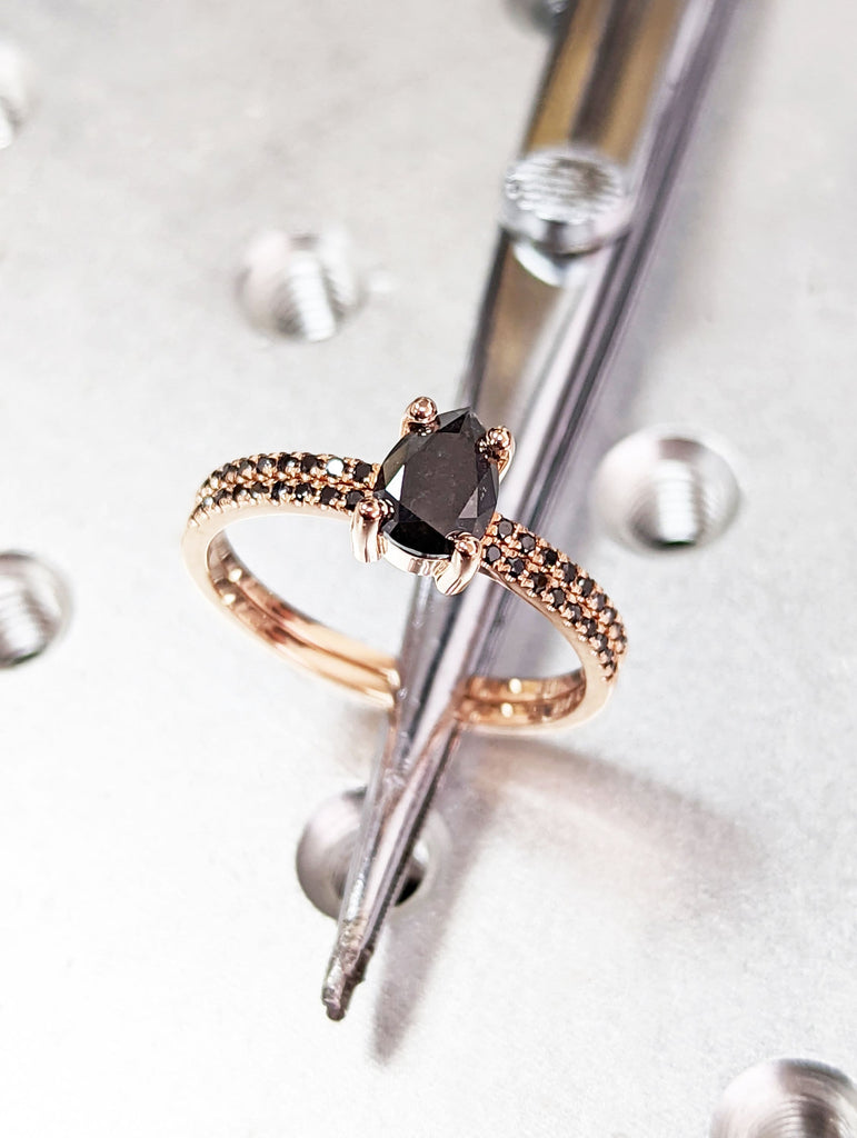 1920's Raw Salt and Pepper Diamond, Pear Diamond Ring, Unique Engagement Bridal Set, Black, Gray Pear, 14k Yellow, Rose, Black or White Gold