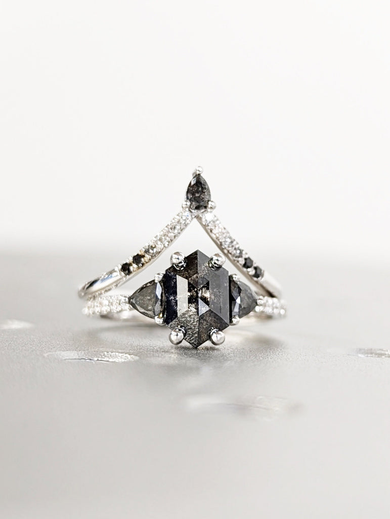 Hexagon Salt and Pepper Ring, hexagon gemstone ring, hexagon engagement ring, salt and pepper ring, hexagon ring, vintage bridal ring set
