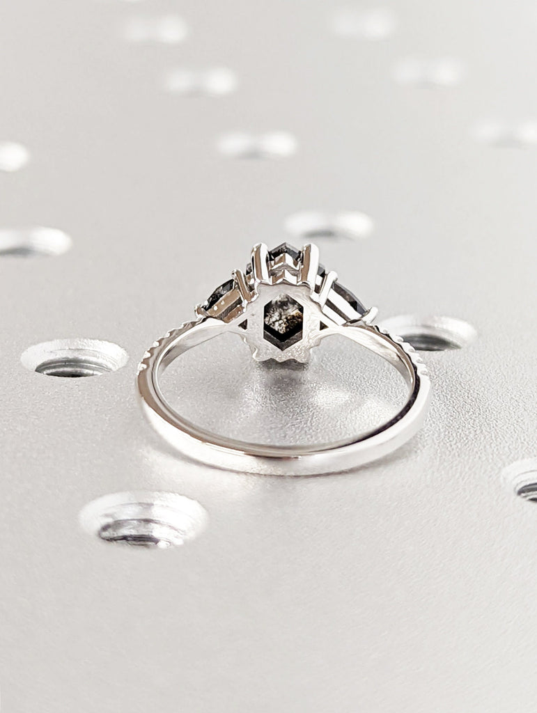 Hexagon Salt and Pepper Ring, hexagon gemstone ring, hexagon engagement ring, salt and pepper ring, hexagon ring, vintage bridal ring set