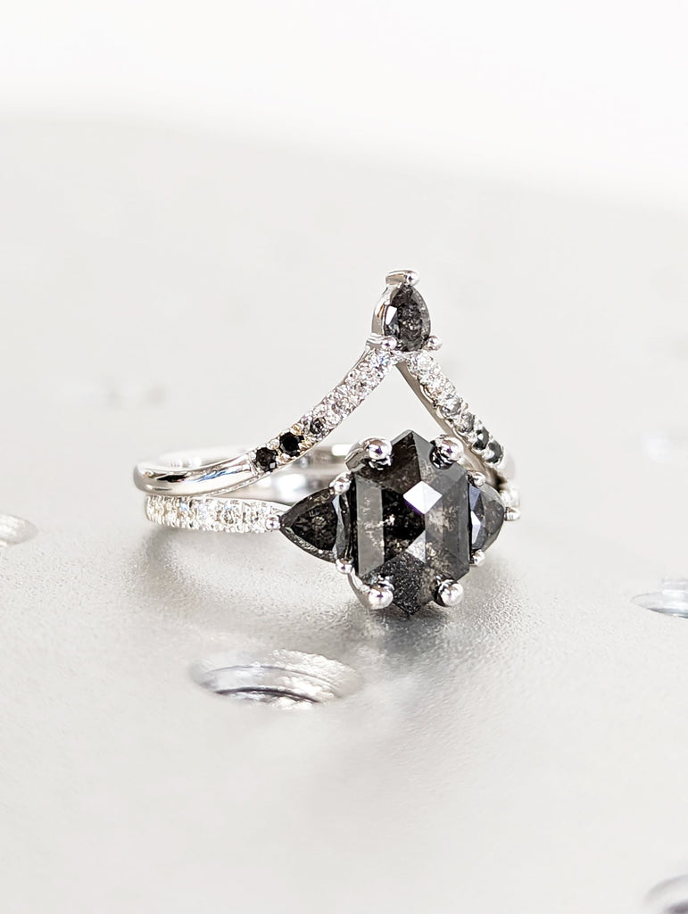 Hexagon Salt and Pepper Ring, hexagon gemstone ring, hexagon engagement ring, salt and pepper ring, hexagon ring, vintage bridal ring set