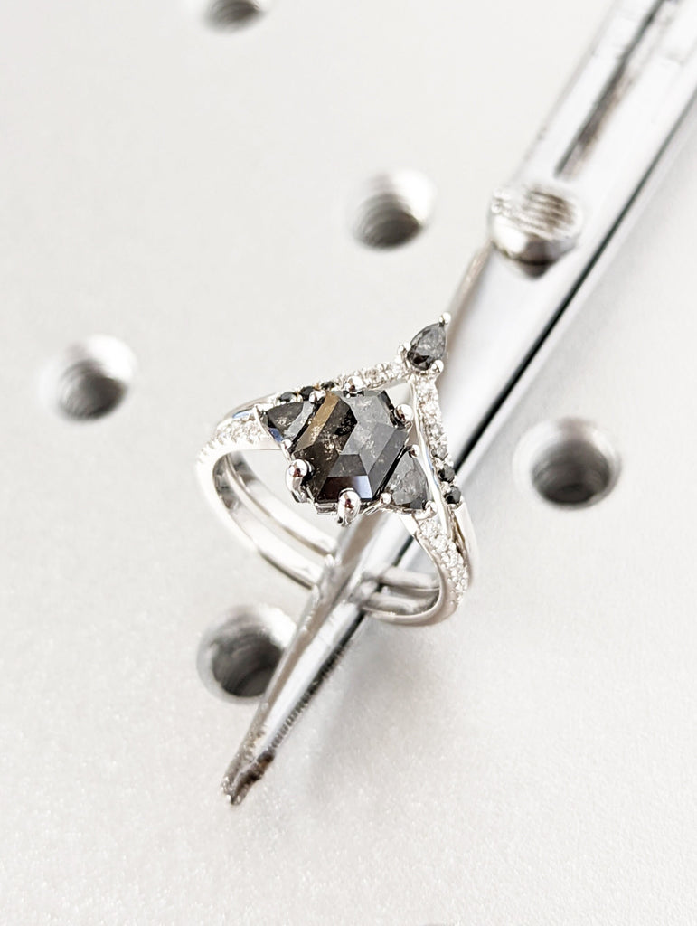 Hexagon Salt and Pepper Ring, hexagon gemstone ring, hexagon engagement ring, salt and pepper ring, hexagon ring, vintage bridal ring set