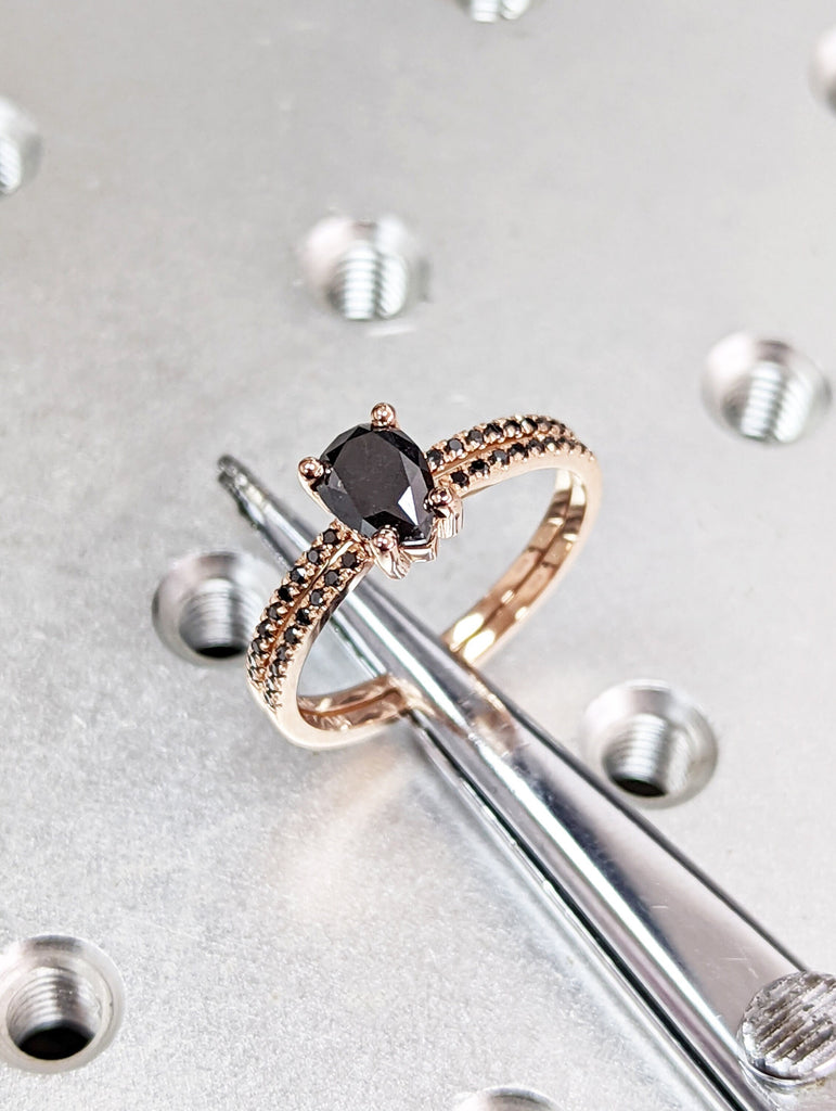 1920's Raw Salt and Pepper Diamond, Pear Diamond Ring, Unique Engagement Bridal Set, Black, Gray Pear, 14k Yellow, Rose, Black or White Gold
