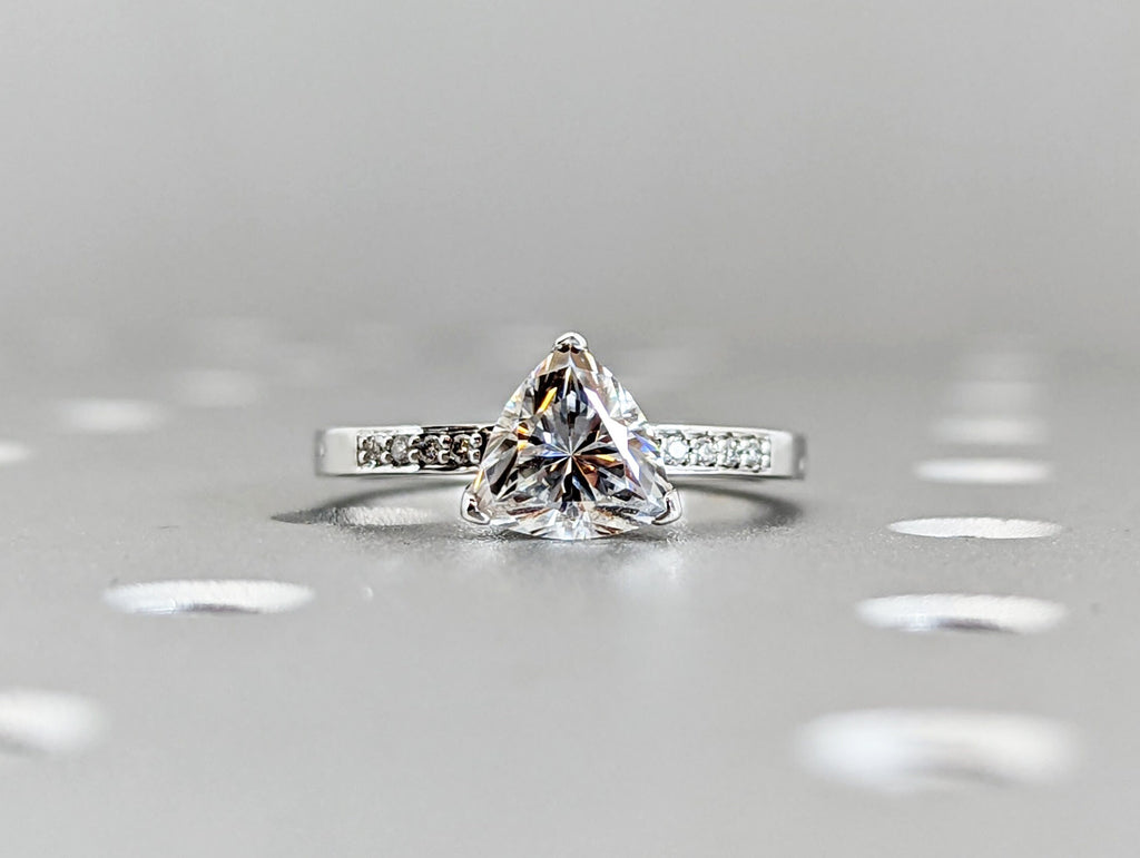 14k White Gold Trillion Cut Solitaire Engagement Ring, Wedding Ring, Bridal Ring, Man Made Diamond Simulant, Lab Created Moissanite, 1.5 ct