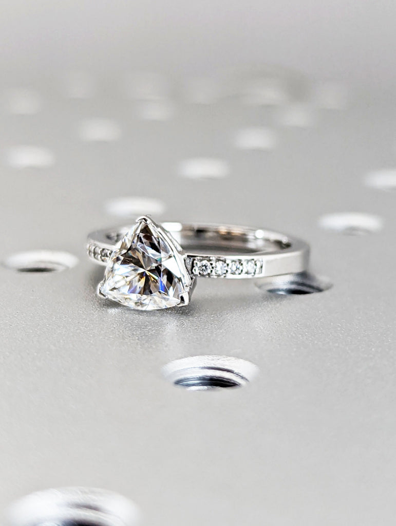 14k White Gold Trillion Cut Solitaire Engagement Ring, Wedding Ring, Bridal Ring, Man Made Diamond Simulant, Lab Created Moissanite, 1.5 ct