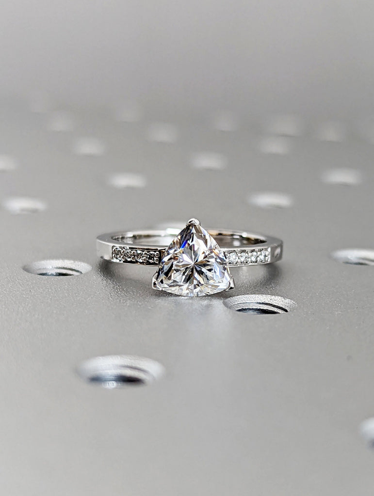 14k White Gold Trillion Cut Solitaire Engagement Ring, Wedding Ring, Bridal Ring, Man Made Diamond Simulant, Lab Created Moissanite, 1.5 ct