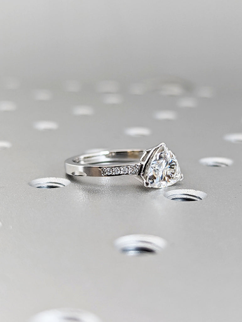14k White Gold Trillion Cut Solitaire Engagement Ring, Wedding Ring, Bridal Ring, Man Made Diamond Simulant, Lab Created Moissanite, 1.5 ct