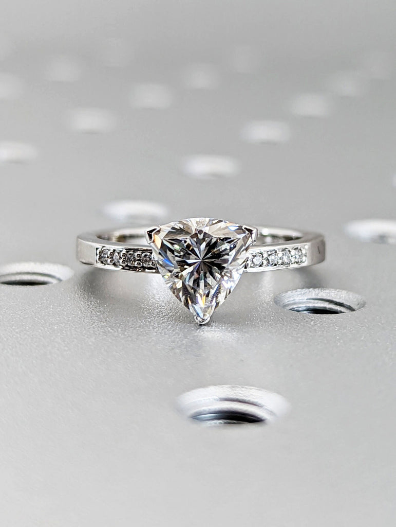 14k White Gold Trillion Cut Solitaire Engagement Ring, Wedding Ring, Bridal Ring, Man Made Diamond Simulant, Lab Created Moissanite, 1.5 ct