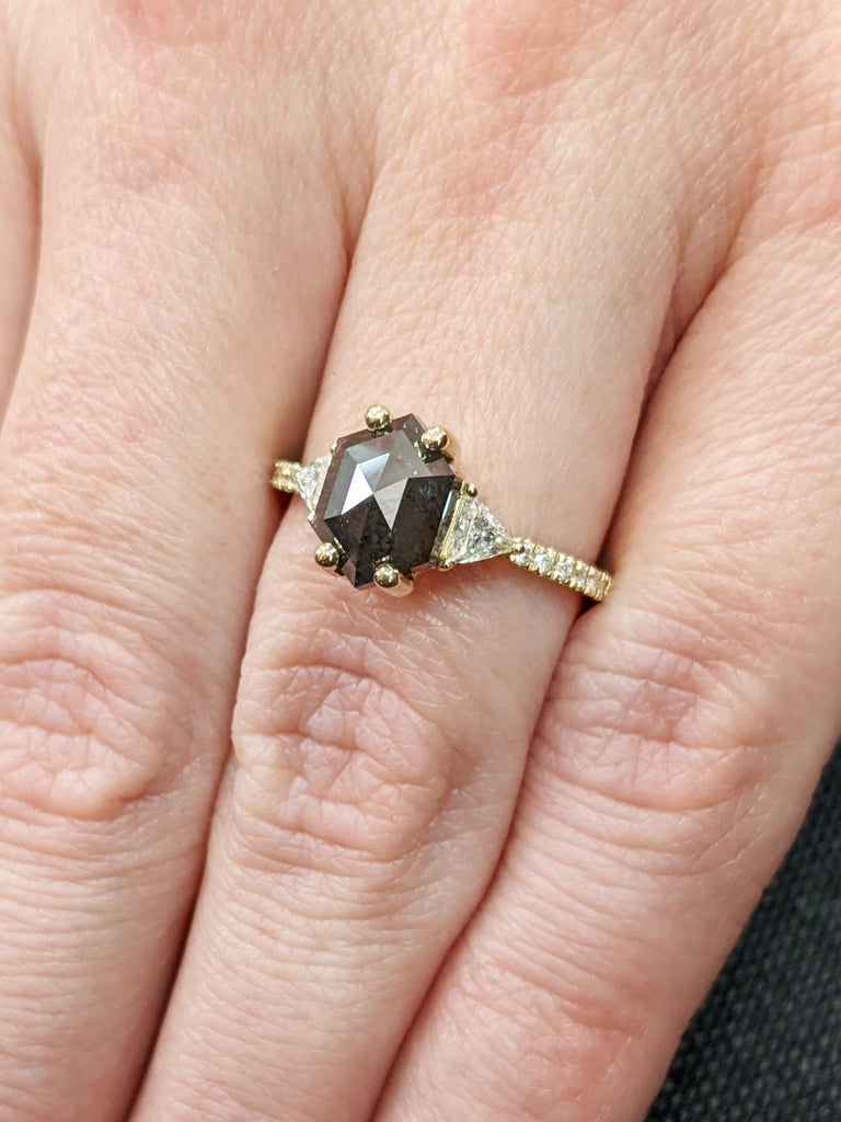 Art Deco Salt and Pepper Engagement Ring, Vintage Hexagon Shaped Black Diamond Ring, Salt and Pepper Promise Anniversary Ring, Birthday Gift