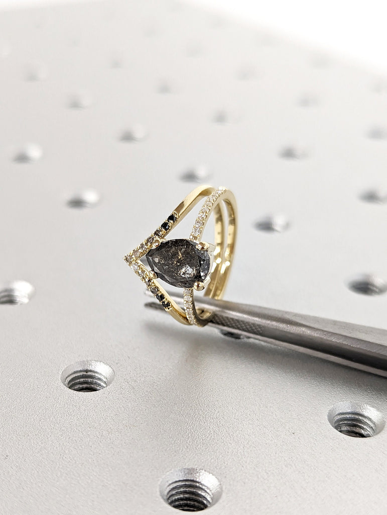 1.5 Carat 1920's Raw Salt and Pepper Diamond, Pear Diamond Ring, Unique Engagement Bridal Set, Black, Gray Pear, 14k Yellow, Rose White Gold