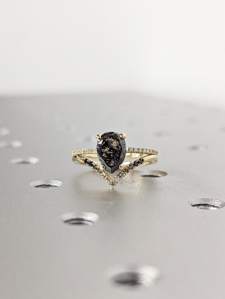 1.5 Carat 1920's Raw Salt and Pepper Diamond, Pear Diamond Ring, Unique Engagement Bridal Set, Black, Gray Pear, 14k Yellow, Rose White Gold