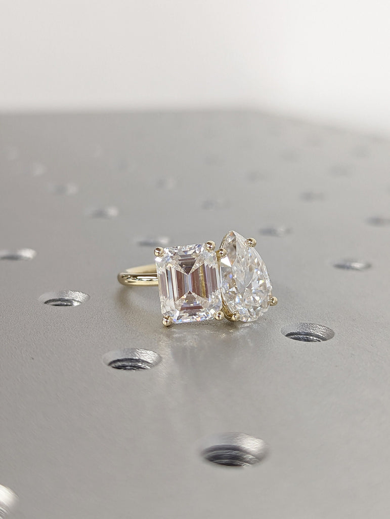 3 Carat Double Stone Engagement Ring Pear Cut and Emerald Cut Moissanite Two Stone Wedding Ring 14K White Yellow Rose Gold