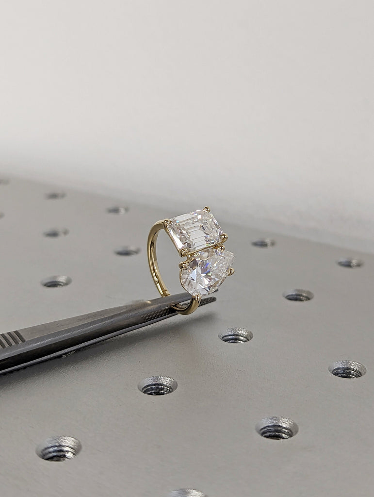 3 Carat Double Stone Engagement Ring Pear Cut and Emerald Cut Moissanite Two Stone Wedding Ring 14K White Yellow Rose Gold