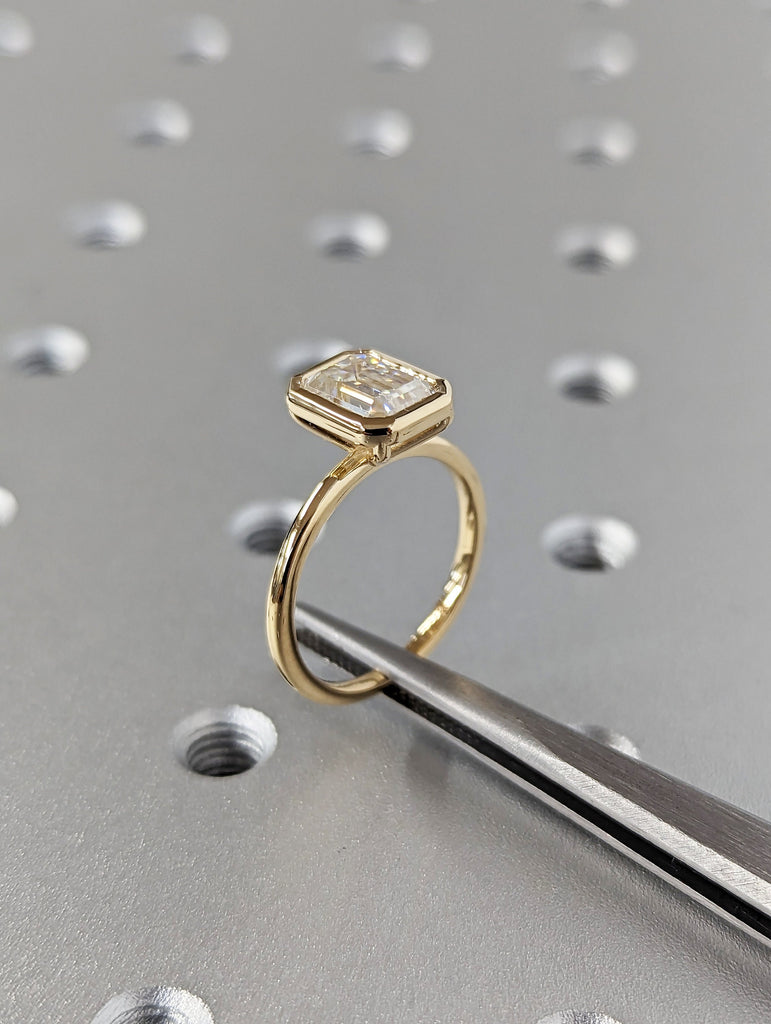 1.5CT Emerald Cut Moissanite Solitaire Ring, 14K Yellow Gold Engagement Ring, Bezel Setting, Statement Ring, Gift For Her, Bridal Set