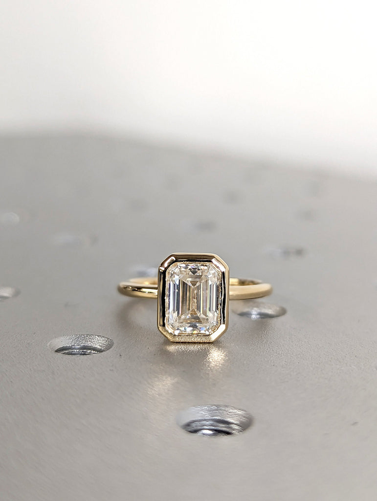 1.5CT Emerald Cut Moissanite Solitaire Ring, 14K Yellow Gold Engagement Ring, Bezel Setting, Statement Ring, Gift For Her, Bridal Set