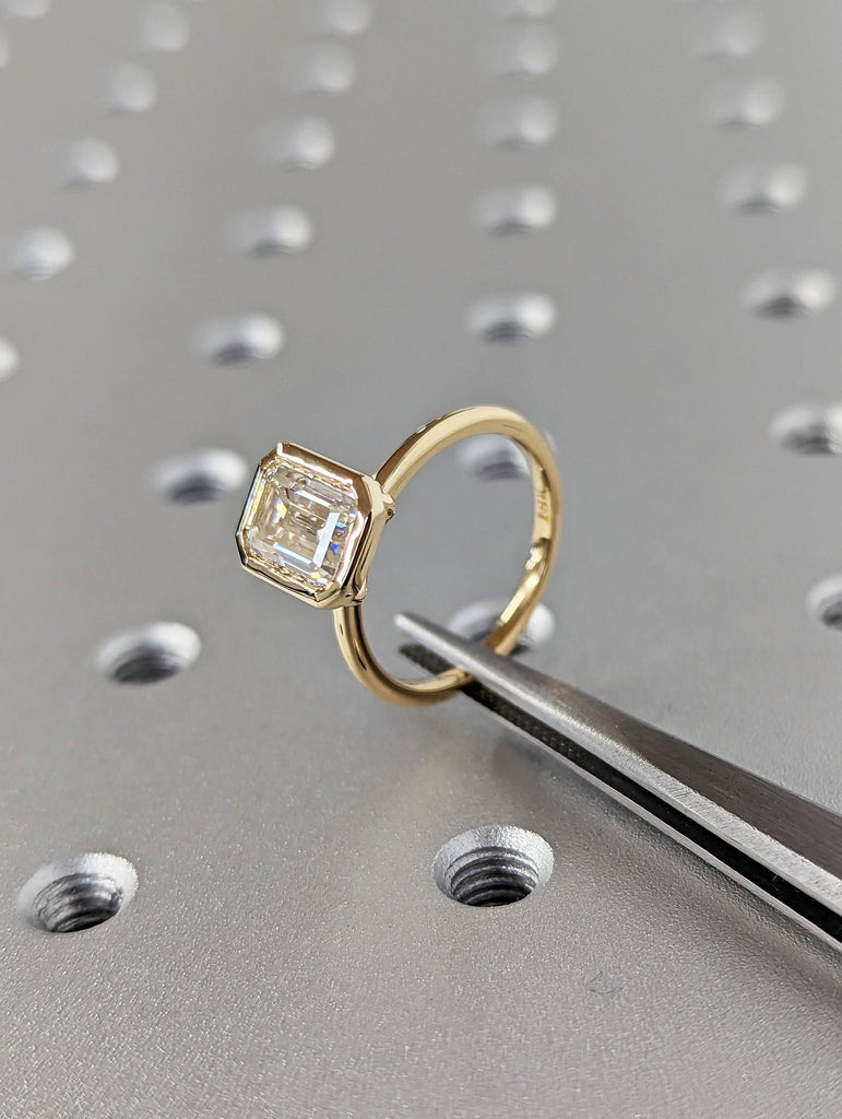 1.5CT Emerald Cut Moissanite Solitaire Ring, 14K Yellow Gold Engagement Ring, Bezel Setting, Statement Ring, Gift For Her, Bridal Set