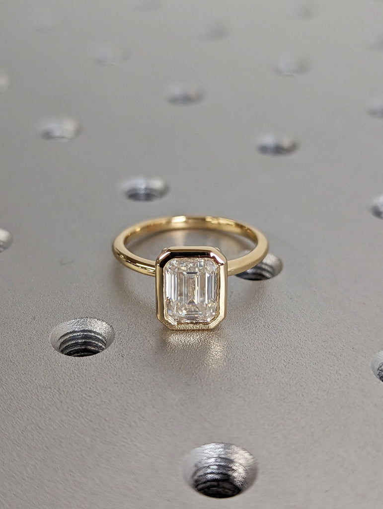 1.5CT Emerald Cut Moissanite Solitaire Ring, 14K Yellow Gold Engagement Ring, Bezel Setting, Statement Ring, Gift For Her, Bridal Set