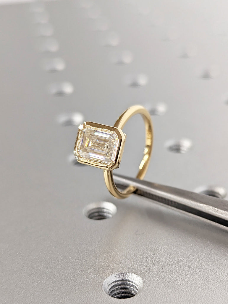 1.5CT Emerald Cut Moissanite Solitaire Ring, 14K Yellow Gold Engagement Ring, Bezel Setting, Statement Ring, Gift For Her, Anniversary Ring