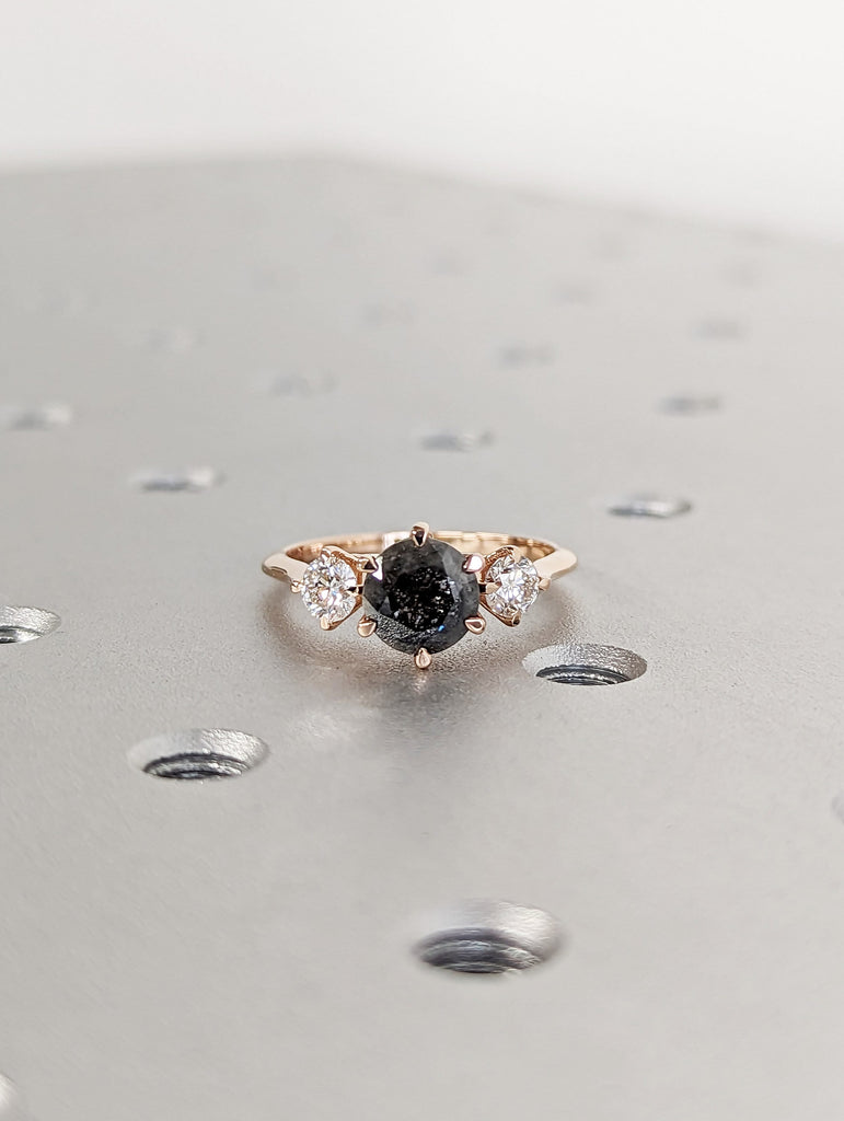 1.5 Carat 1920's Raw Salt and Pepper Diamond, Round Diamond Ring, Unique Engagement Bridal, Black, Gray Pear, 14k Yellow, Rose White Gold