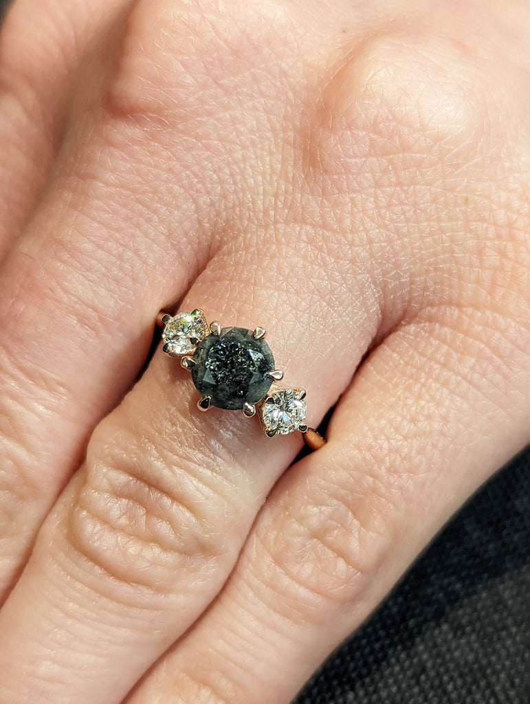 1.5 Carat 1920's Raw Salt and Pepper Diamond, Round Diamond Ring, Unique Engagement Bridal, Black, Gray Pear, 14k Yellow, Rose White Gold