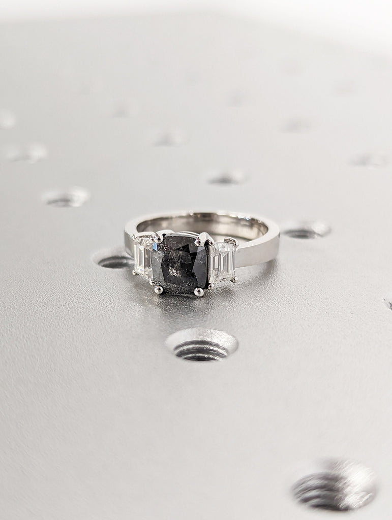 Raw salt and pepper Diamond Engagement Ring, Gold Three Stone cushion cut raw diamond, salt and pepper diamond engagement ring, trinity ring