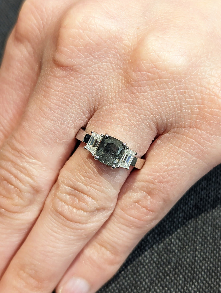 Raw salt and pepper Diamond Engagement Ring, Gold Three Stone cushion cut raw diamond, salt and pepper diamond engagement ring, trinity ring