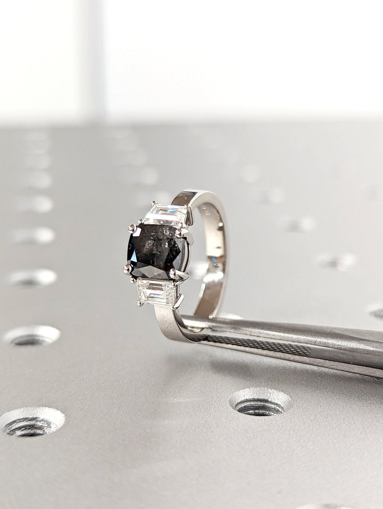 Raw salt and pepper Diamond Engagement Ring, Gold Three Stone cushion cut raw diamond, salt and pepper diamond engagement ring, trinity ring