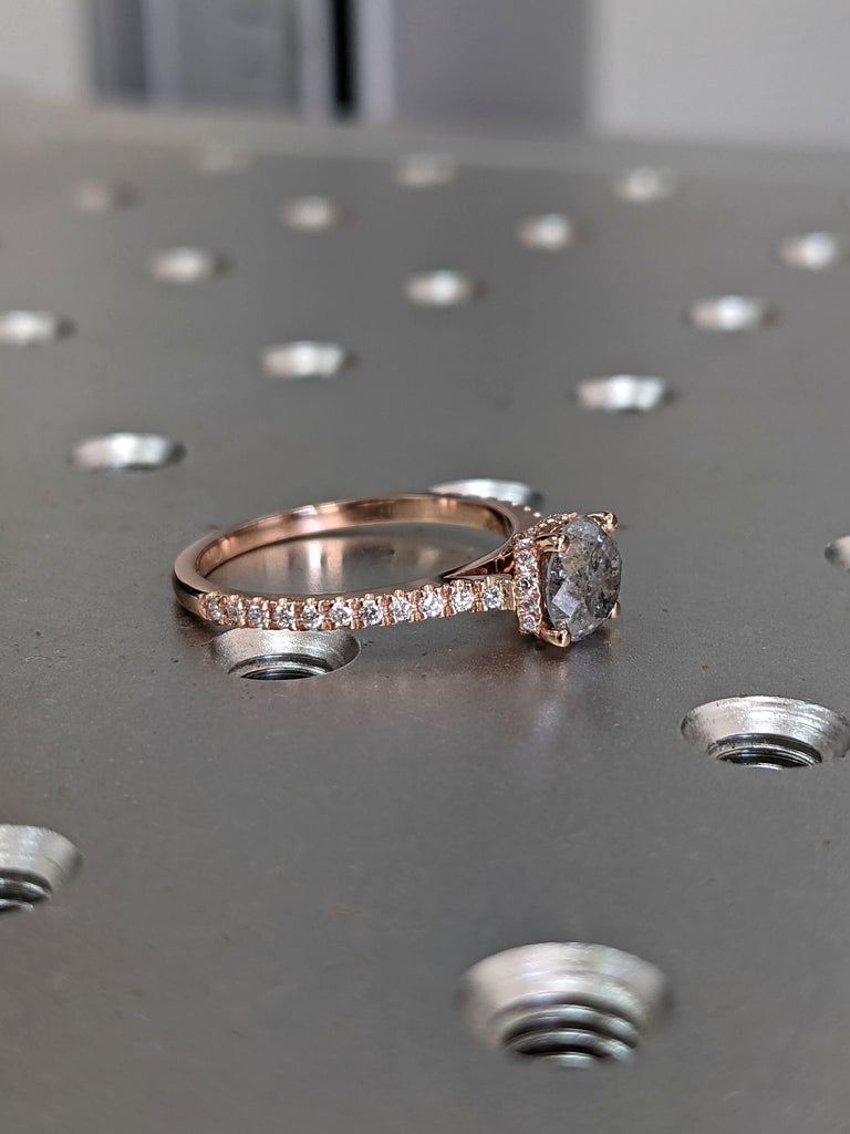 Salt and pepper engagement ring round cut vintage engagement ring prong set ring diamond ring rose gold anniversary ring