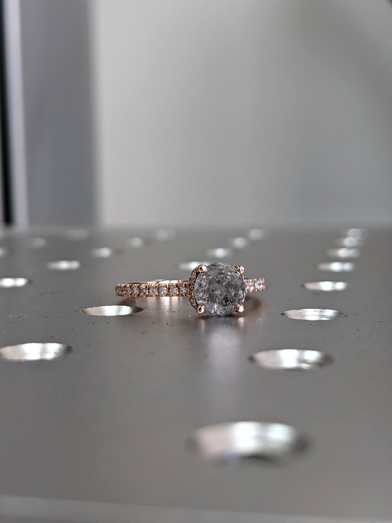 Salt and pepper engagement ring round cut vintage engagement ring prong set ring diamond ring rose gold anniversary ring