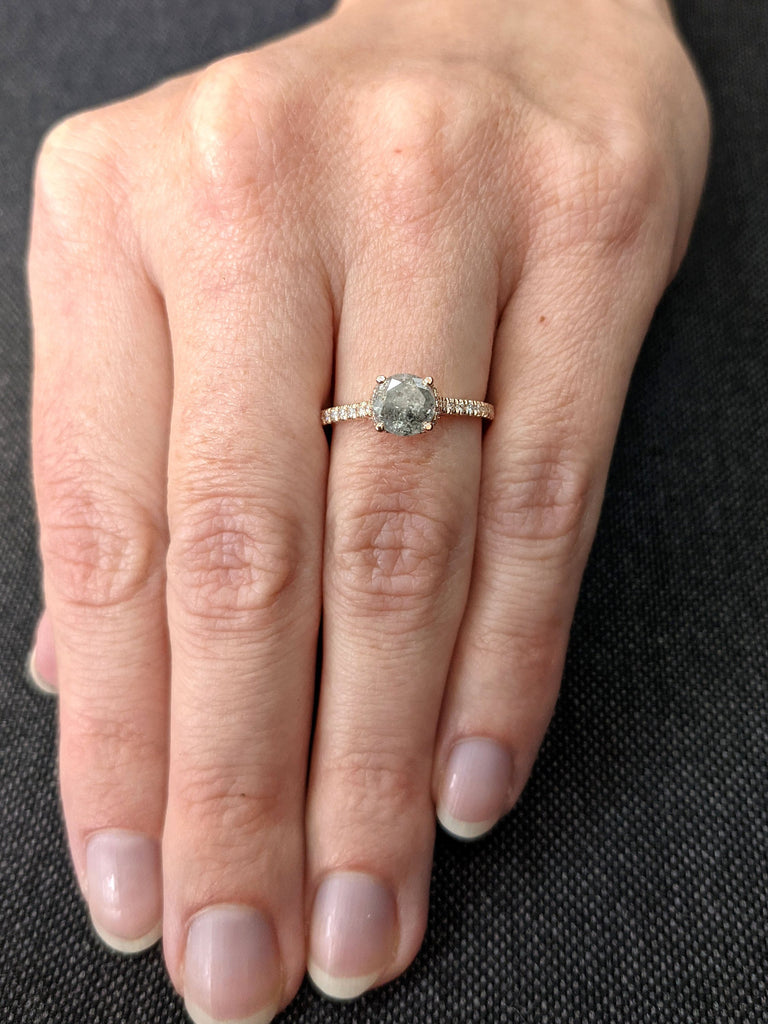 Salt and pepper engagement ring round cut vintage engagement ring prong set ring diamond ring rose gold anniversary ring