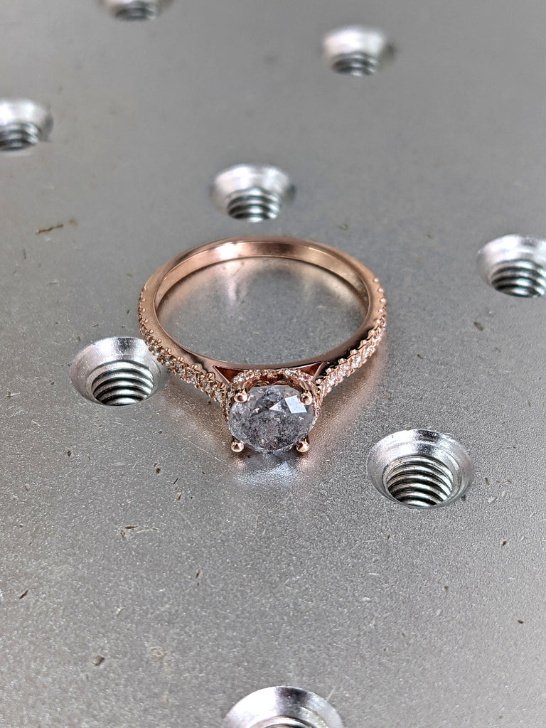 Salt and pepper engagement ring round cut vintage engagement ring prong set ring diamond ring rose gold anniversary ring