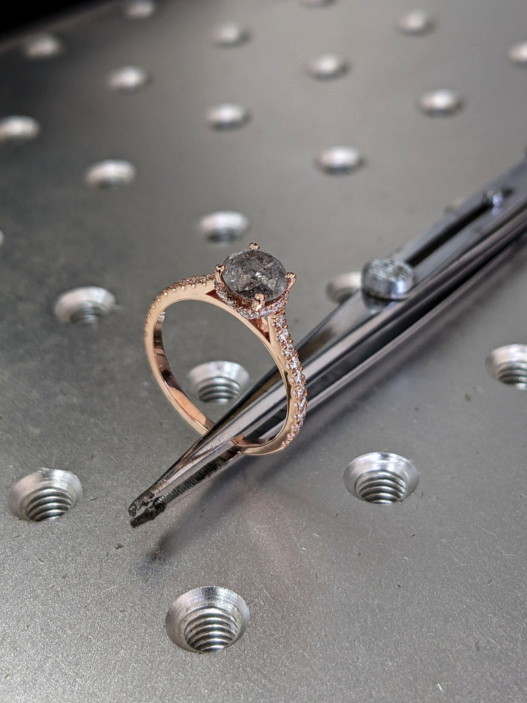 Salt and pepper engagement ring round cut vintage engagement ring prong set ring diamond ring rose gold anniversary ring