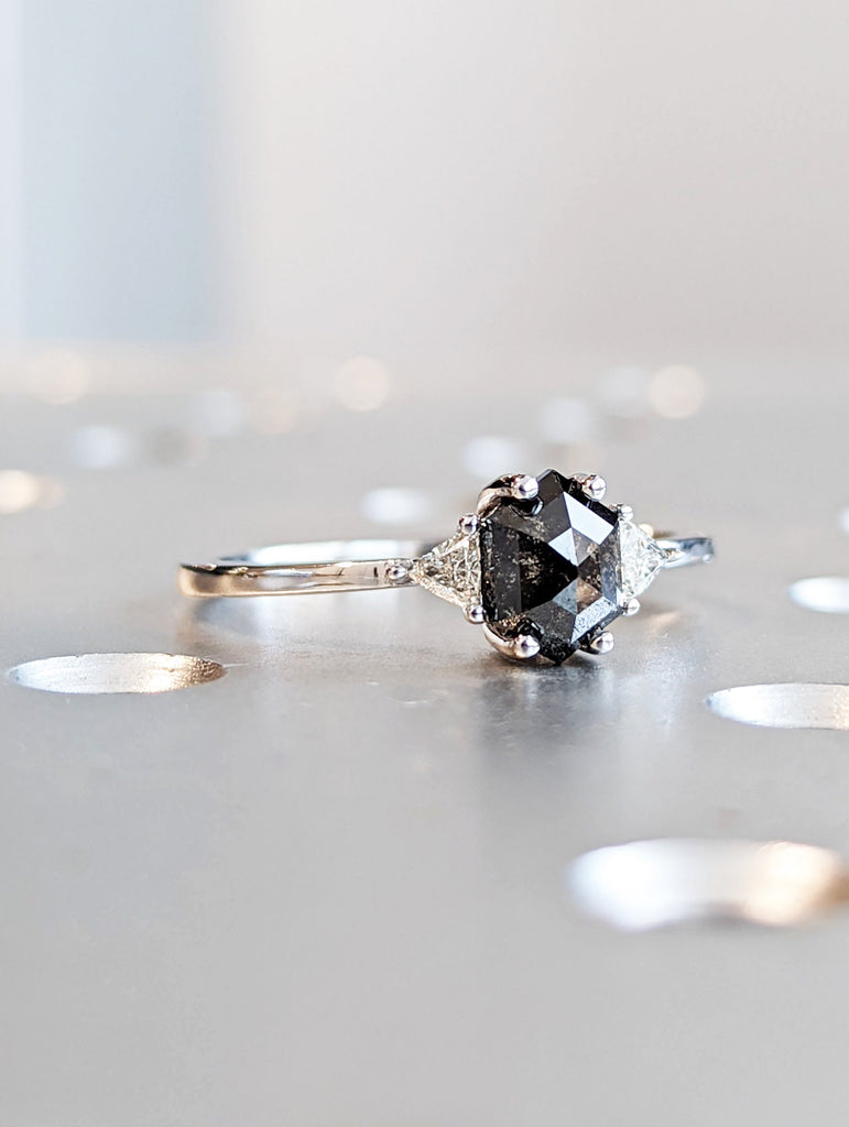 Raw Diamond Hexagon Triangle Diamond, Salt and Pepper, Plain Unique Bridal Engagement Set, Rose Cut Geometric Diamond Ring, Custom Handmade