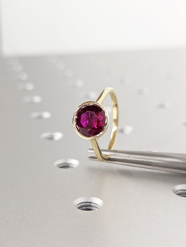 14k rose gold floating bezel ruby ring, ruby engagement ring, ruby solitaire ring, unique ruby ring, floating bezel, rounded band