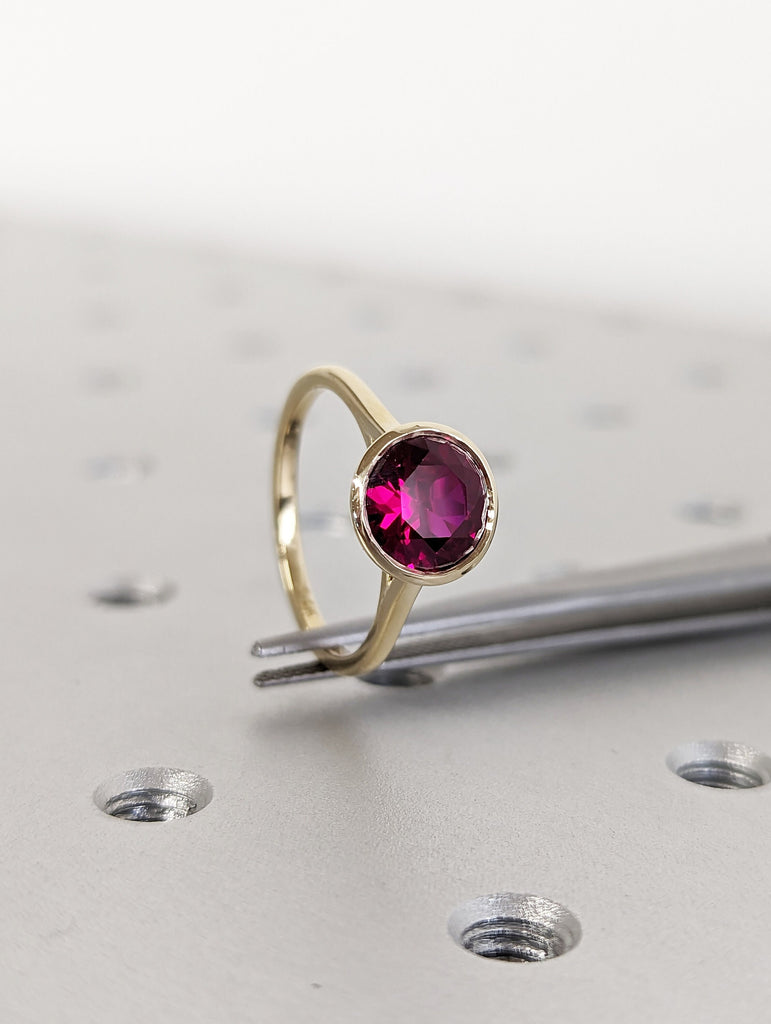 14k rose gold floating bezel ruby ring, ruby engagement ring, ruby solitaire ring, unique ruby ring, floating bezel, rounded band