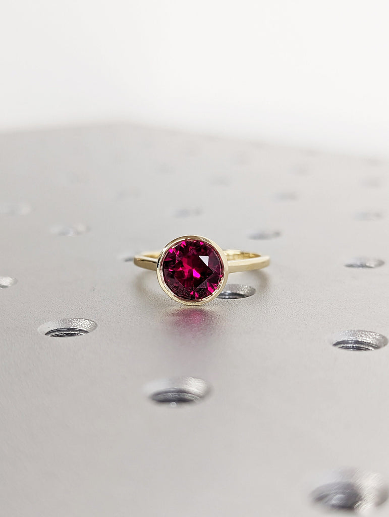 14k rose gold floating bezel ruby ring, ruby engagement ring, ruby solitaire ring, unique ruby ring, floating bezel, rounded band