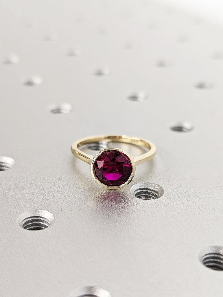 14k rose gold floating bezel ruby ring, ruby engagement ring, ruby solitaire ring, unique ruby ring, floating bezel, rounded band