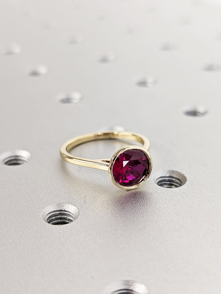 14k rose gold floating bezel ruby ring, ruby engagement ring, ruby solitaire ring, unique ruby ring, floating bezel, rounded band