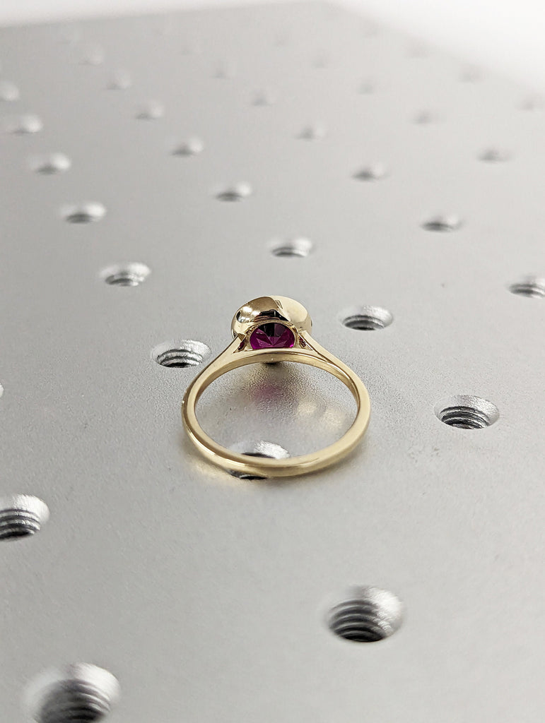 14k rose gold floating bezel ruby ring, ruby engagement ring, ruby solitaire ring, unique ruby ring, floating bezel, rounded band