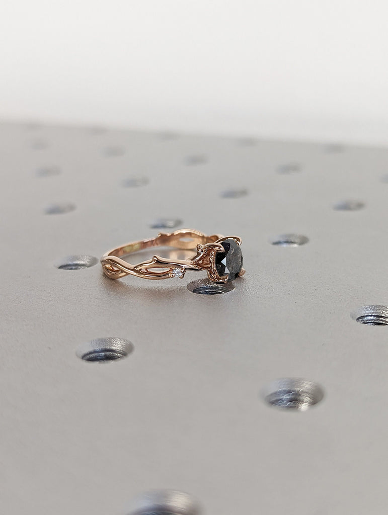 Twig Engagement Ring , 1ct Salt And Pepper Diamond , Nature Ring Set, 14K/18K gold
