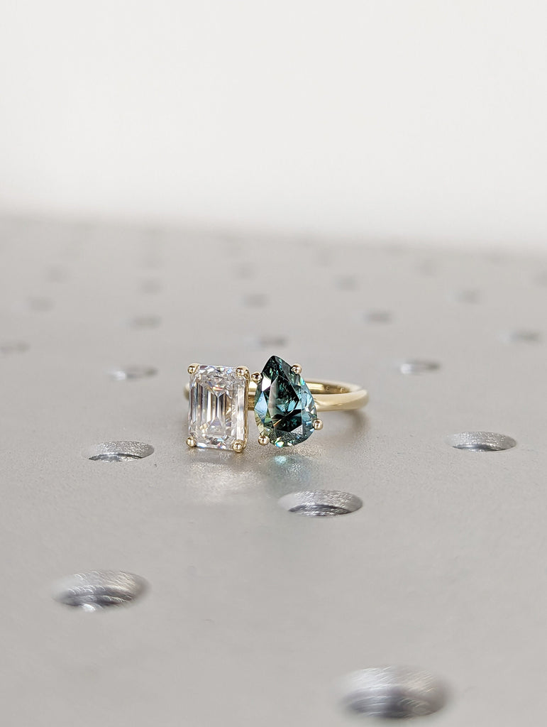 Pear And Emerald Cut Toi Et Moi Moissanite Ring / Green Pear Moissanite Engagement Ring / Yellow Gold Anniversary Ring / Two Stone Ring